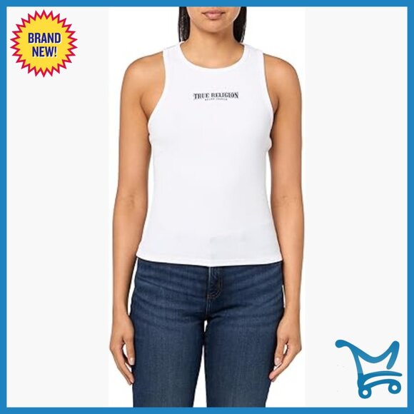 Tops - Rhinestone Logo Rib Tank Top, Scoop Neck, Stretchy Cotton Blend